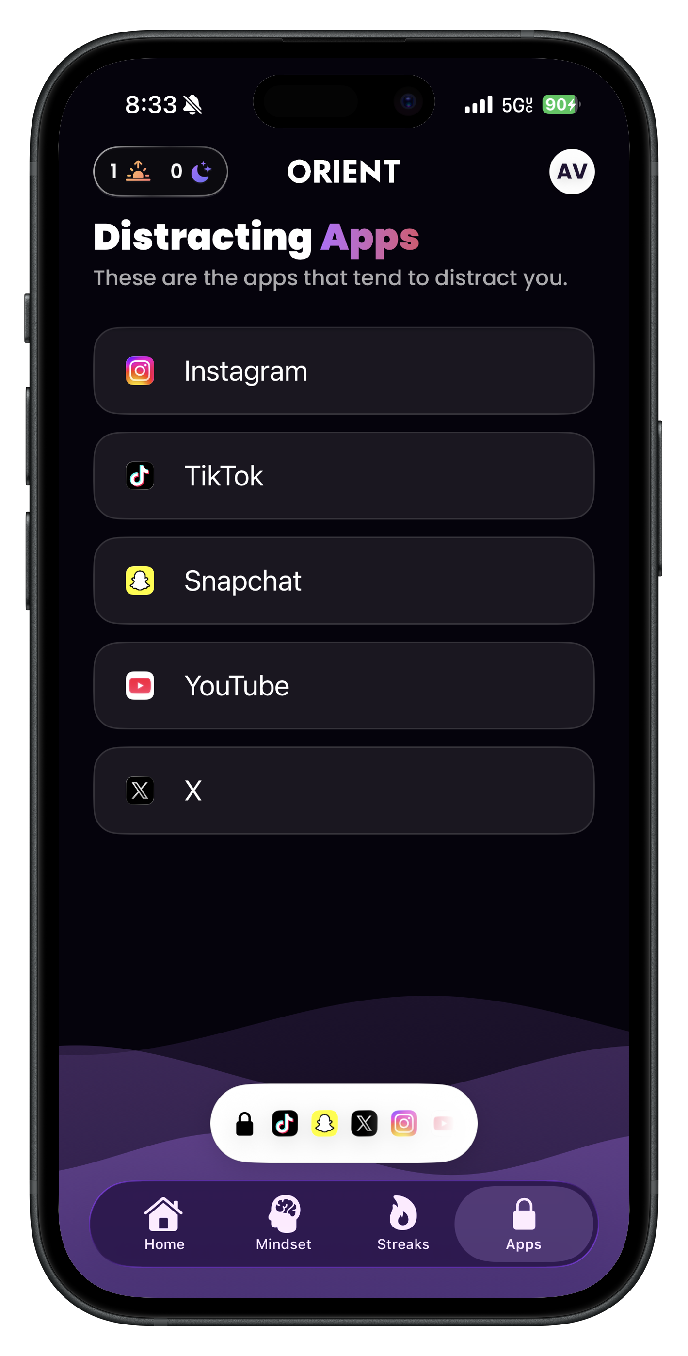Orient app screen
